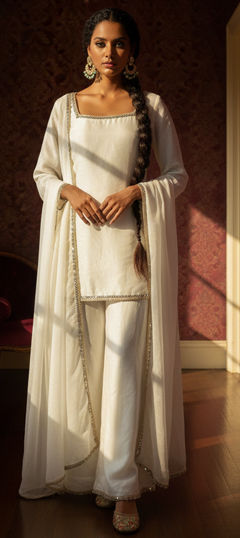 White and Off White color Salwar Kameez in Tissue fabric with Lace, Mirror work