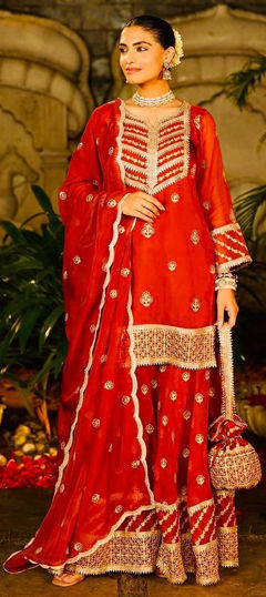 Red and Maroon color Salwar Kameez in Faux Georgette fabric with Embroidered, Thread work