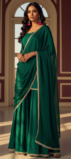 Green color Salwar Kameez in Tissue fabric with Lace, Mirror work