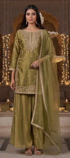 Green color Salwar Kameez in Tissue fabric with Embroidered, Moti, Thread work