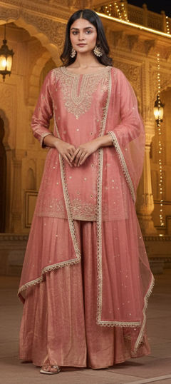 Pink and Majenta color Salwar Kameez in Tissue fabric with Embroidered, Moti, Thread work