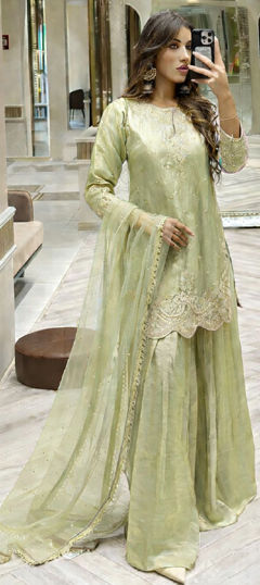 Green color Salwar Kameez in Tissue fabric with Embroidered, Moti, Stone, Thread, Zari work