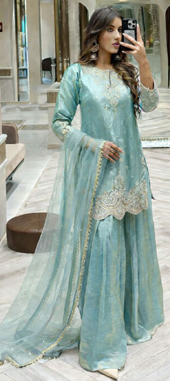 Blue color Salwar Kameez in Tissue fabric with Embroidered, Moti, Stone, Thread, Zari work