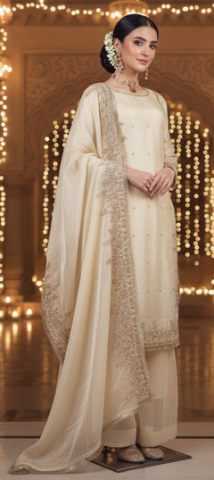 Beige and Brown color Salwar Kameez in Tissue fabric with Embroidered, Moti, Sequence work