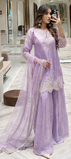 Purple and Violet color Salwar Kameez in Tissue fabric with Embroidered, Moti, Stone, Thread, Zari work