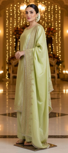 Green color Salwar Kameez in Tissue fabric with Embroidered, Moti, Sequence work
