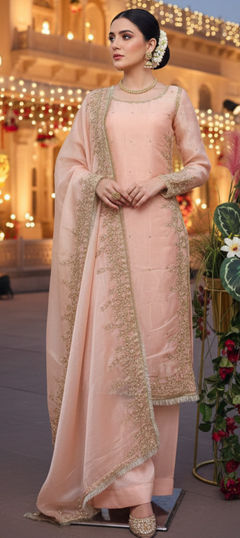 Pink and Majenta color Salwar Kameez in Tissue fabric with Embroidered, Moti, Sequence work