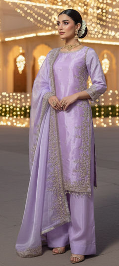 Purple and Violet color Salwar Kameez in Tissue fabric with Embroidered, Moti, Sequence work