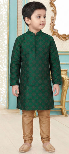 Green color Boys Kurta Pyjama in Dupion Silk fabric with Embroidered work