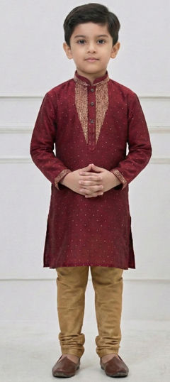 Red and Maroon color Boys Kurta Pyjama in Silk fabric with Thread work
