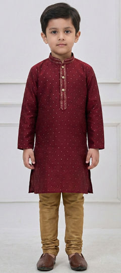 Red and Maroon color Boys Kurta Pyjama in Silk fabric with Thread work