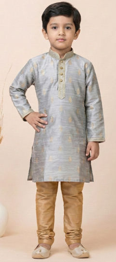 Black and Grey color Boys Kurta Pyjama in Cotton, Jacquard, Silk fabric with Weaving work
