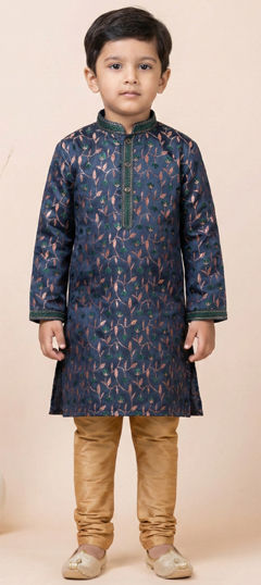 Blue color Boys Kurta Pyjama in Jacquard, Silk fabric with Weaving work