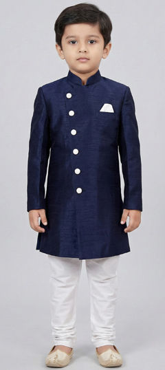 Blue color Boys Kurta Pyjama in Dupion Silk fabric with Thread work