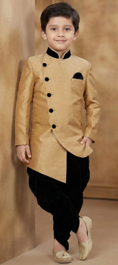Beige and Brown color Boys Dhoti Kurta in Dupion Silk fabric with Thread work