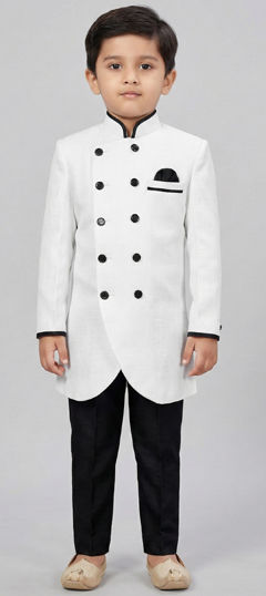White and Off White color Boys Kurta Pyjama in Dupion Silk fabric with Thread work