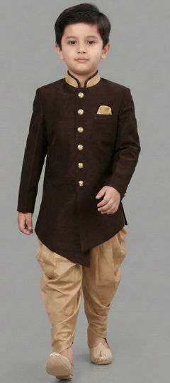 Beige and Brown color Boys Dhoti Kurta in Dupion Silk fabric with Thread work
