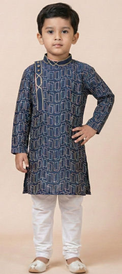Blue color Boys Kurta Pyjama in Cotton fabric with Lace, Printed work