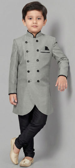 Black and Grey color Boys Kurta Pyjama in Dupion Silk fabric with Thread work