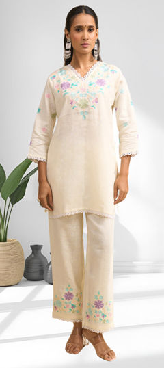 White and Off White color Co-ords Set in Linen fabric with Embroidered work