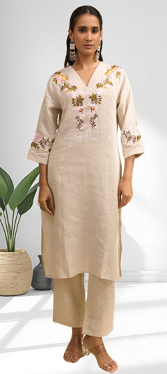 Beige and Brown color Co-ords Set in Linen fabric with Embroidered work