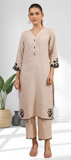 Beige and Brown color Co-ords Set in Linen fabric with Embroidered work