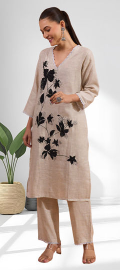 Beige and Brown color Co-ords Set in Linen fabric with Embroidered work
