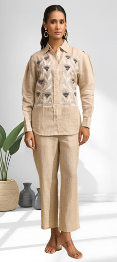 Beige and Brown color Co-ords Set in Linen fabric with Embroidered work