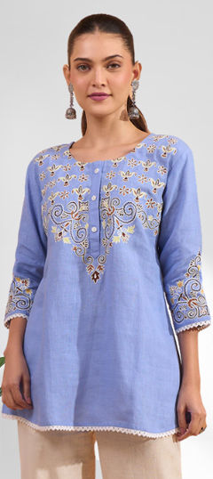 Blue color Tops and Shirts in Cotton, Linen fabric with Embroidered work