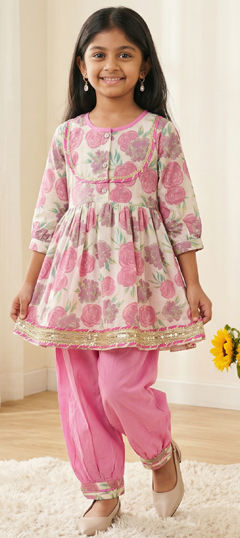 Pink and Majenta color Girls Top with Bottom in Cotton fabric with Floral, Gota Patti, Printed work