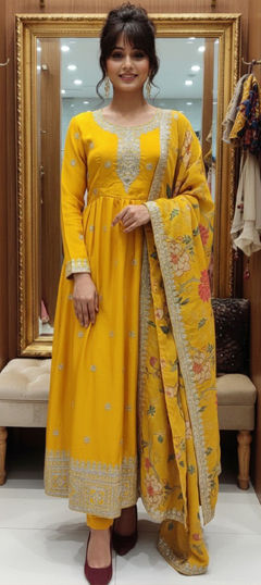Yellow color Salwar Kameez in Chinon Silk fabric with Embroidered, Sequence, Thread, Zari work