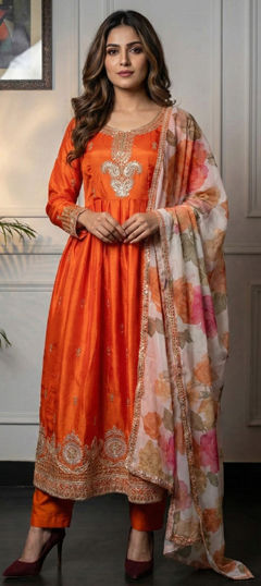 Orange color Salwar Kameez in Chinon Silk fabric with Embroidered, Sequence, Thread, Zari work