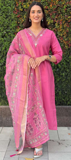 Pink and Majenta color Salwar Kameez in Roman fabric with Sequence, Thread work