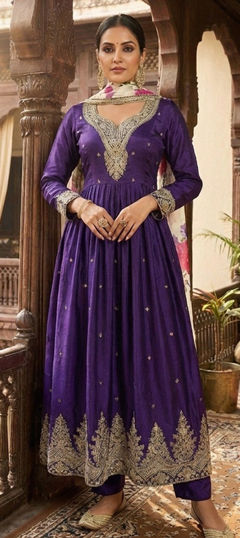 Purple and Violet color Salwar Kameez in Chinon Silk fabric with Embroidered, Sequence, Thread, Zari work