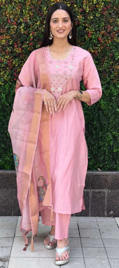 Pink and Majenta color Salwar Kameez in Roman fabric with Sequence, Thread work