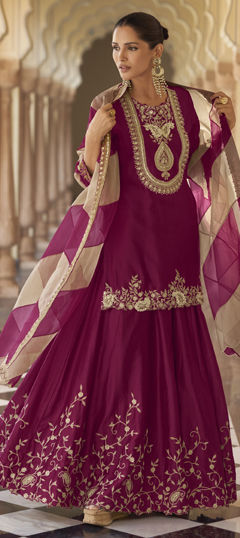 Pink and Majenta color Salwar Kameez in Chinon Silk fabric with Embroidered, Thread work