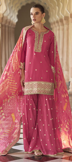 Pink and Majenta color Salwar Kameez in Chinon Silk fabric with Embroidered, Thread work