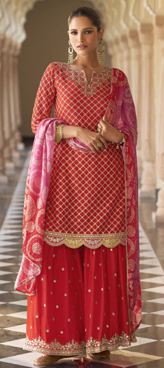 Red and Maroon color Salwar Kameez in Chinon Silk fabric with Embroidered, Thread work