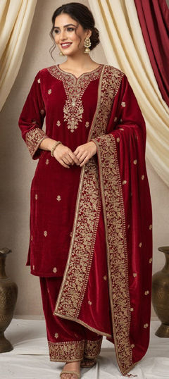 Red and Maroon color Salwar Kameez in Chinon Silk fabric with Embroidered, Thread, Zari work