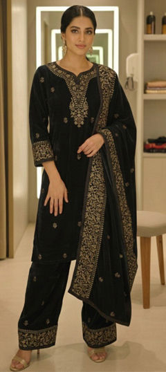 Black and Grey color Salwar Kameez in Chinon Silk fabric with Embroidered, Thread, Zari work