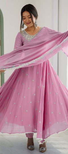 Pink and Majenta color Salwar Kameez in Faux Georgette fabric with Embroidered, Moti, Sequence, Thread work