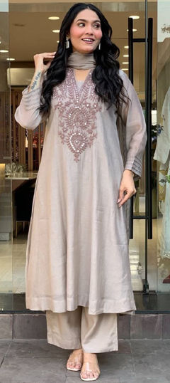 Black and Grey color Salwar Kameez in Cotton, Muslin fabric with Embroidered, Sequence, Thread work