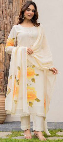 White and Off White color Salwar Kameez in Chanderi Silk, Viscose fabric with Embroidered, Sequence, Thread work