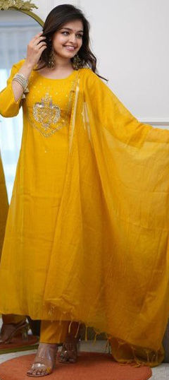 Yellow color Salwar Kameez in Chanderi Silk, Viscose fabric with Embroidered, Sequence, Thread work