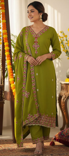 Green color Salwar Kameez in Chinon Silk fabric with Embroidered, Resham, Sequence work