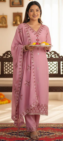 Pink and Majenta color Salwar Kameez in Chinon Silk fabric with Embroidered, Resham, Sequence work
