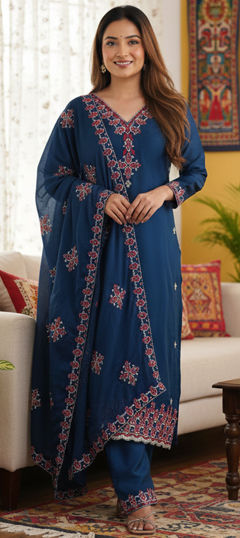 Blue color Salwar Kameez in Chinon Silk fabric with Embroidered, Resham, Sequence work