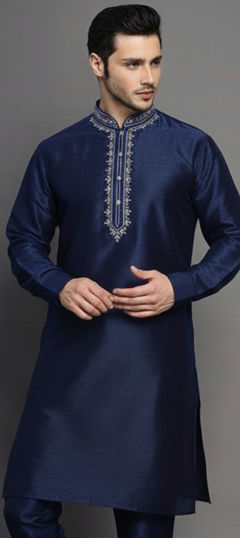 Blue color Kurta in Dupion Silk fabric with Embroidered work