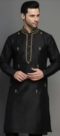 Black and Grey color Kurta in Dupion Silk fabric with Embroidered work