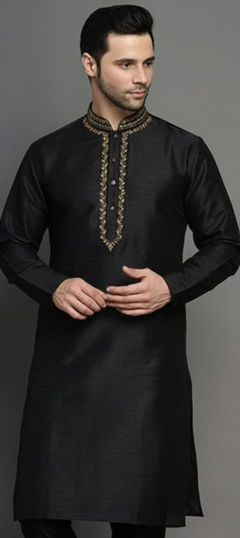 Black and Grey color Kurta in Dupion Silk fabric with Embroidered work